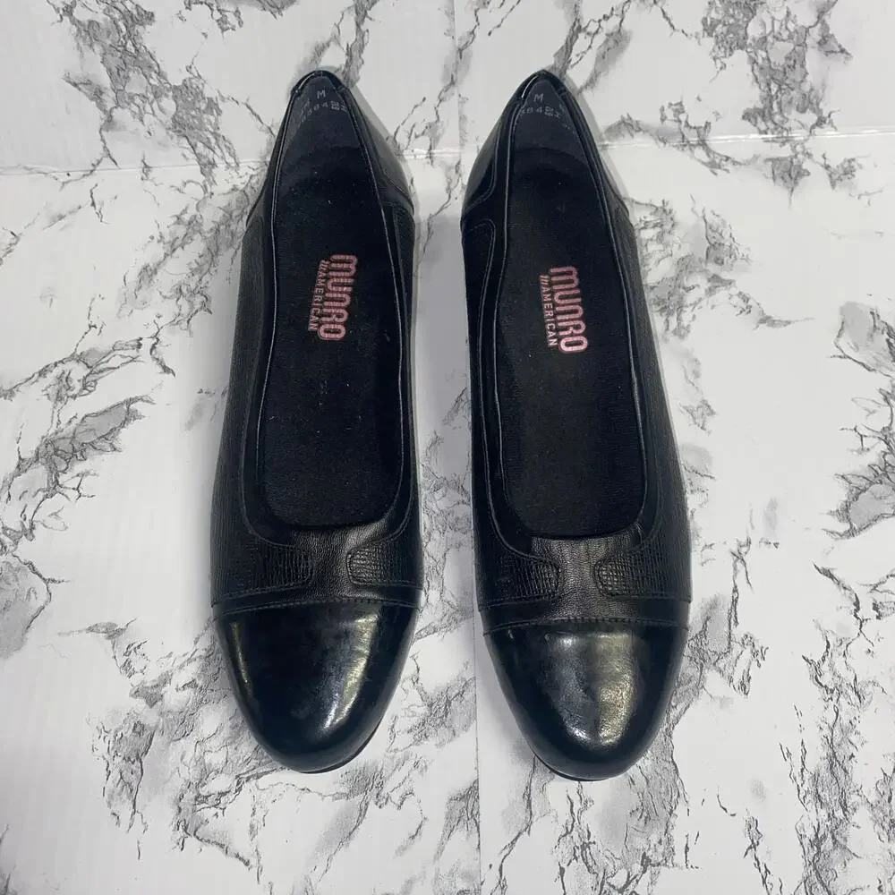 Munro Black Leather Jillian Patent Cap Toe Leather Heels Women's Size 6.5